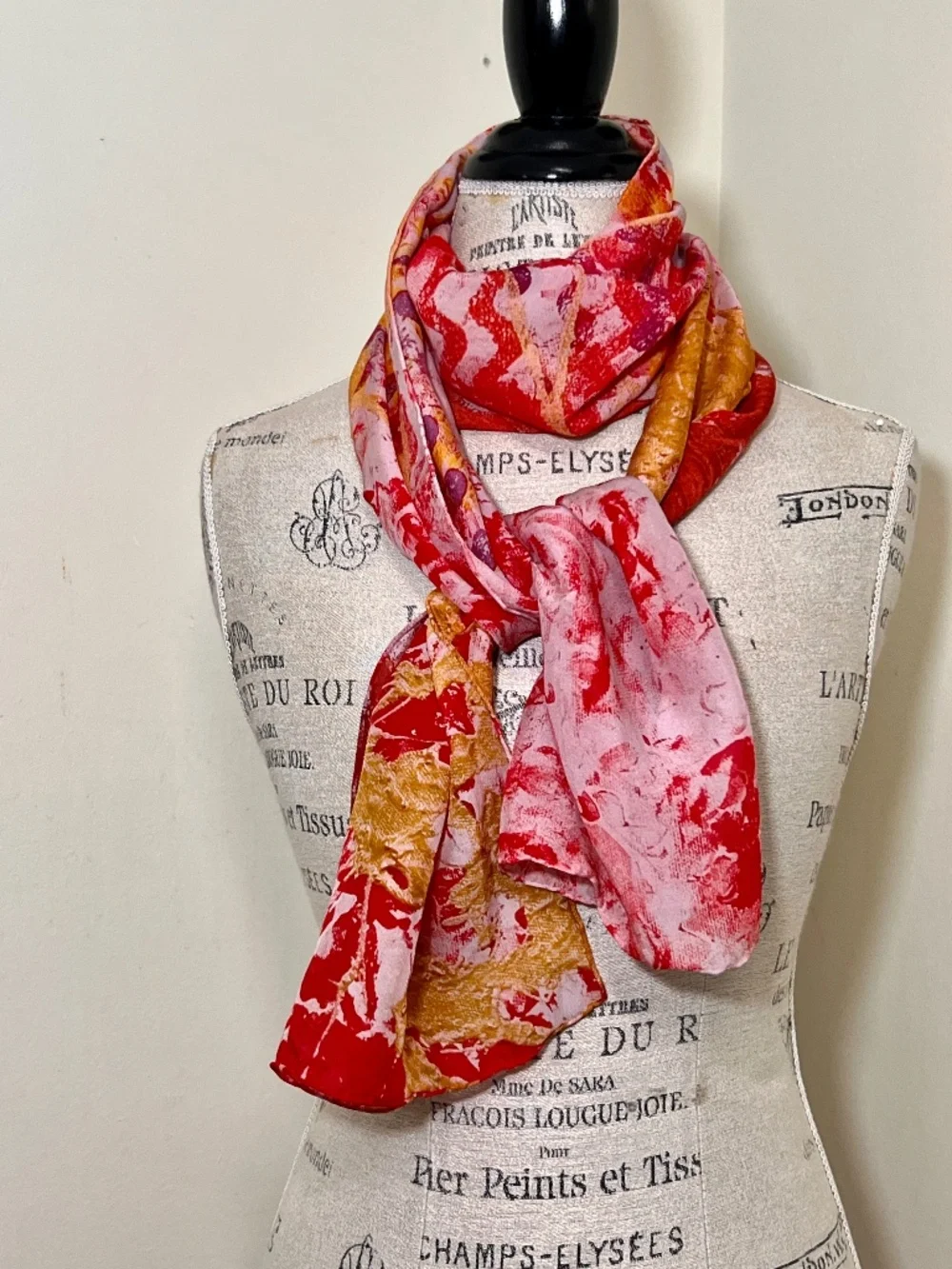 Silk abstract red/orange/gold hand-painted or batik-style scarf
